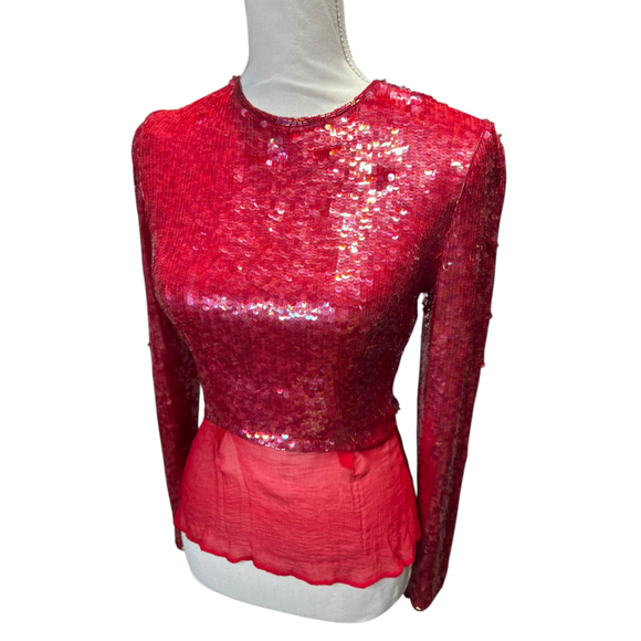 Women's Victor Costa Red Sequin Long Sleeve Blouse size 8 - Picture 2 of 9